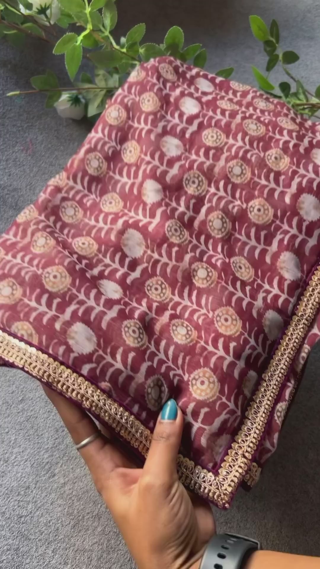 Maroon georgette saree with velvet hand work blouse
