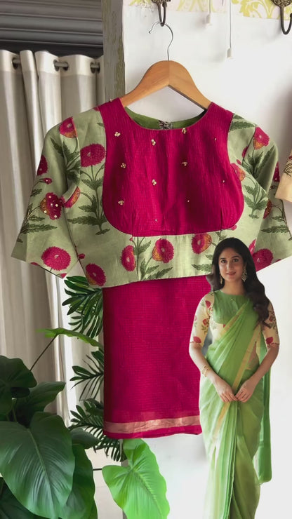 Maroon pure kota saree with green hand work blouse