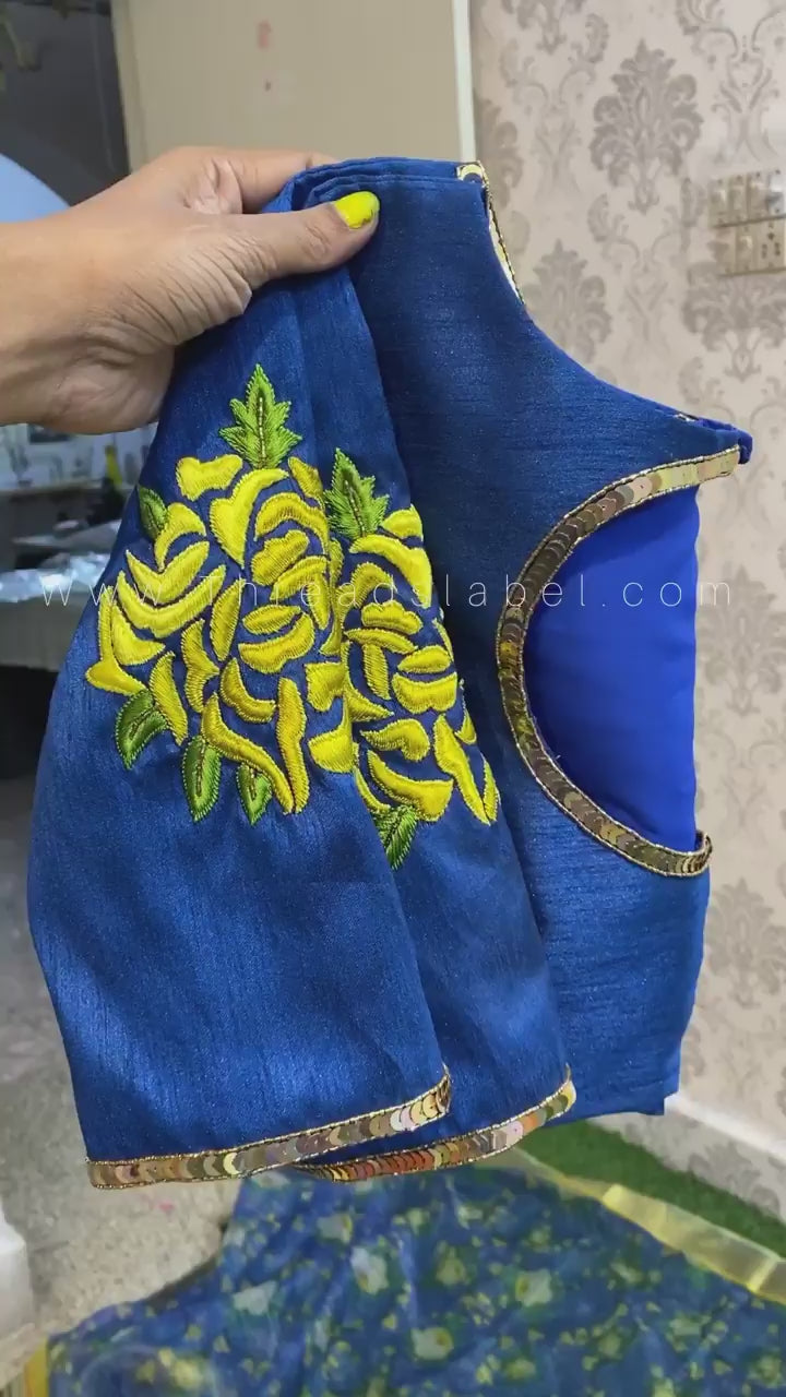 Blue Silk Blouse with Threaded Floral hand work