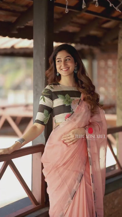 Peach organza saree with chanderi mirror blouse