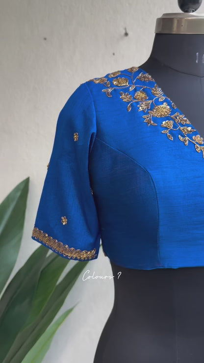 Blue silk shoulder hand worked blouse