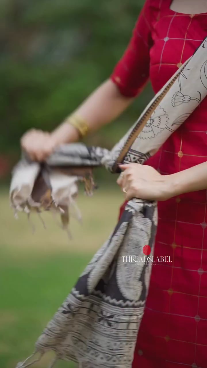 Red checked zari woven kurti