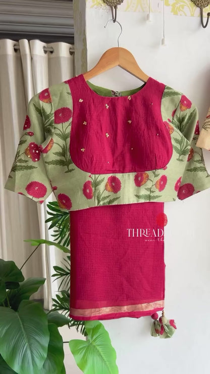 Maroon pure kota saree with green hand work blouse