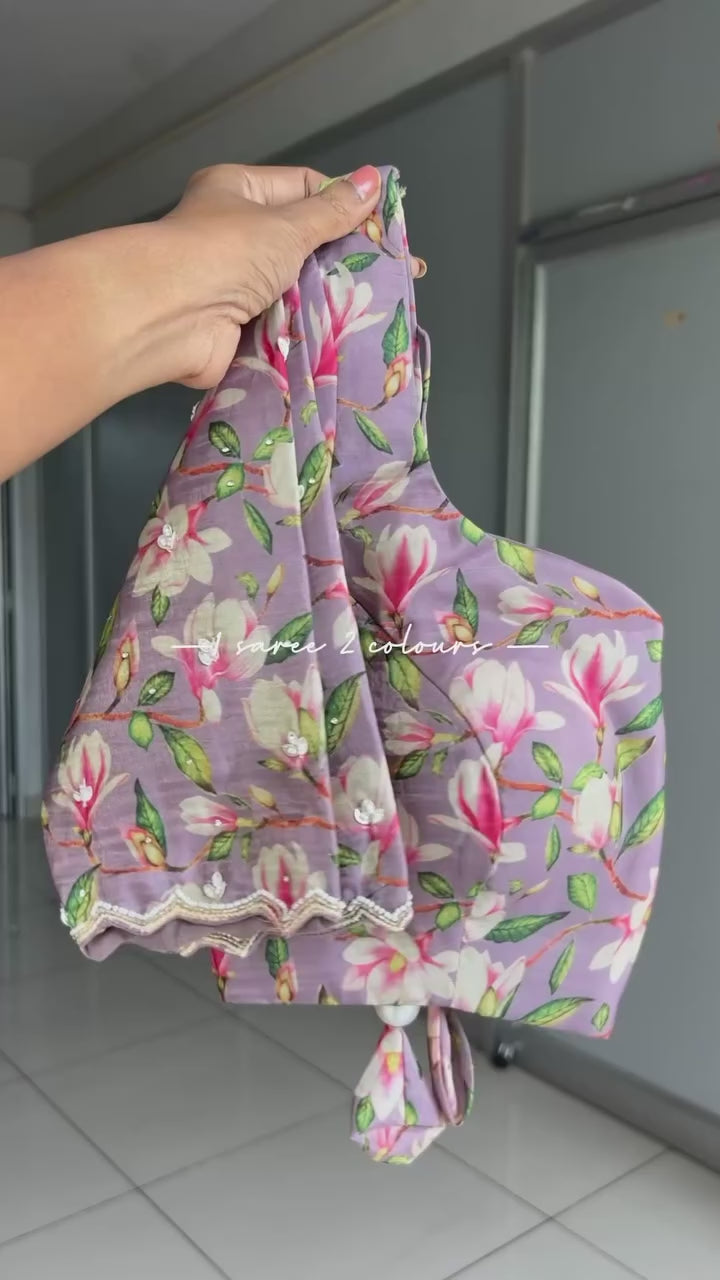 Pista green tissue saree with floral hand work blouse