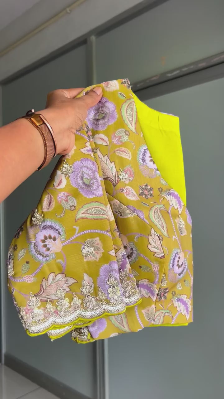Lilliac soft tissue saree with yellow floral blouse