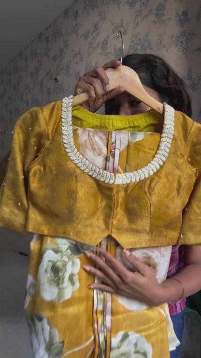 Mustard yellow marble saree with pearl work blouse