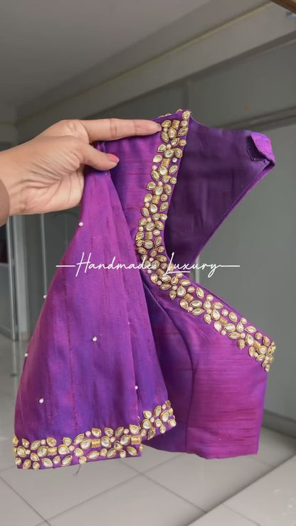 Pink tissue saree with purple hand work blouse