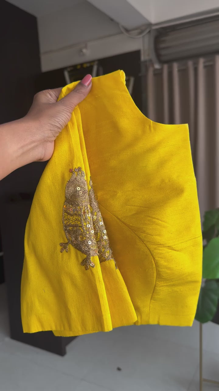 Yellow silk sleeve bird hand work blouse ( Only blouse )