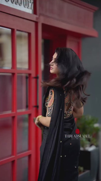 Black malai chanderi saree with heavy embroidery blouse