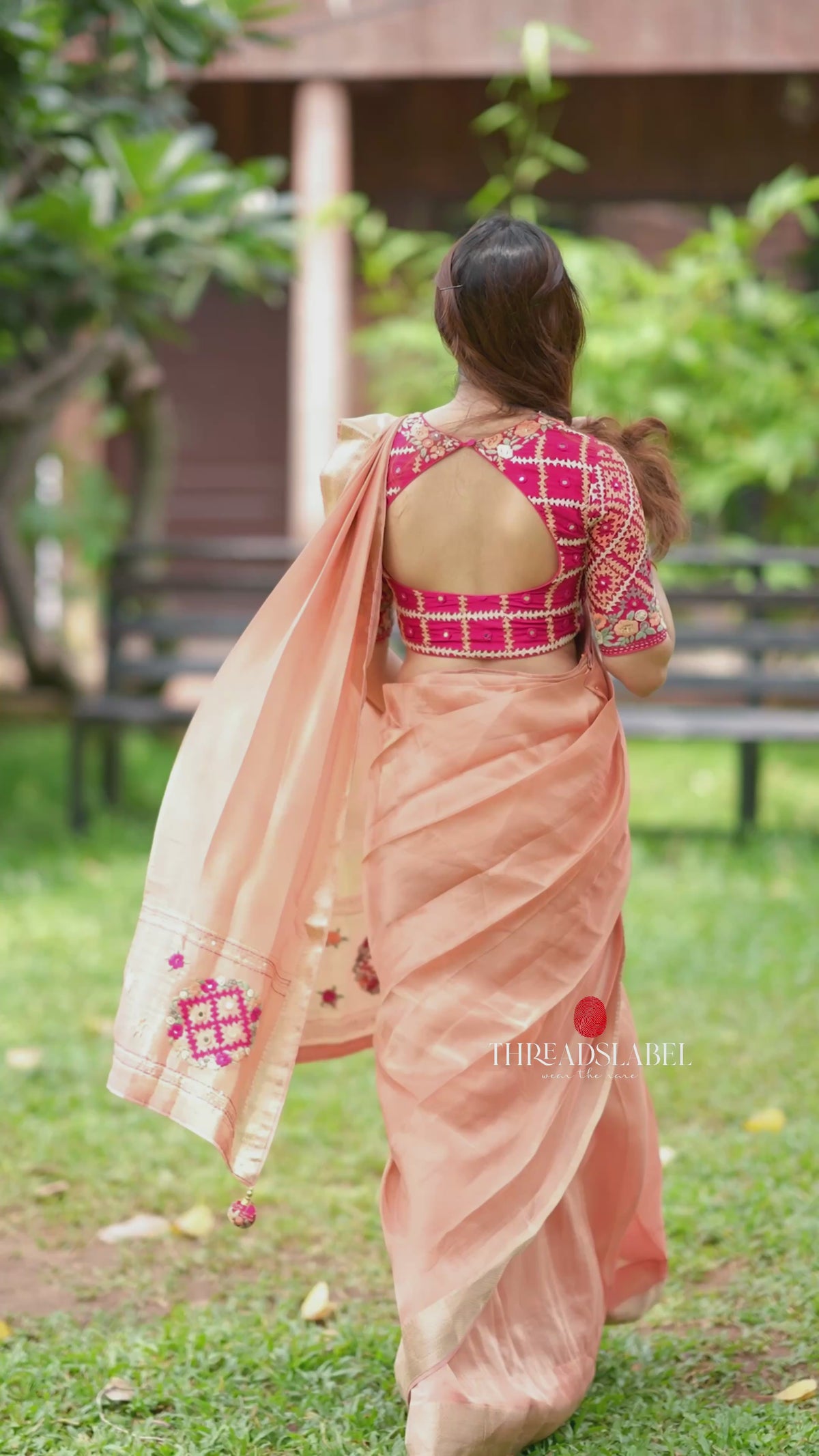 Peach banarasi saree with silk hand work blouse