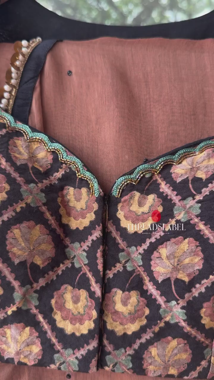 Brown malai chanderi saree with Ajrak print blouse