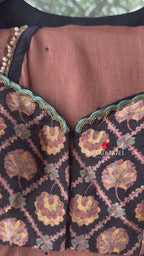 Brown malai chanderi saree with Ajrak print blouse