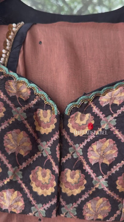 Brown malai chanderi saree with Ajrak print blouse
