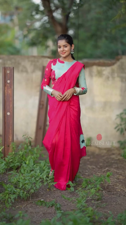 Pink marble silk saree with  embroidery blouseq