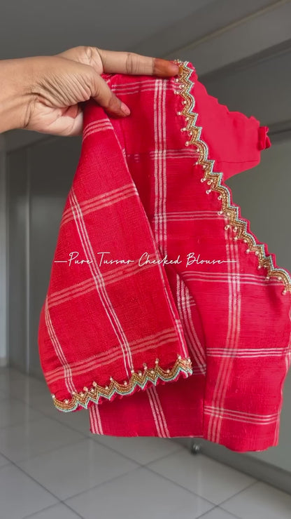 Blue glass tissue saree with red tussar silk hand work blouse