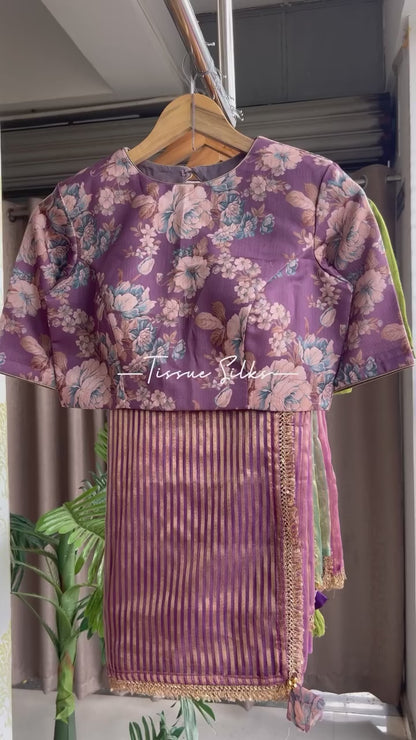 Purple stripped tissue saree with cream silk banarasi blouse