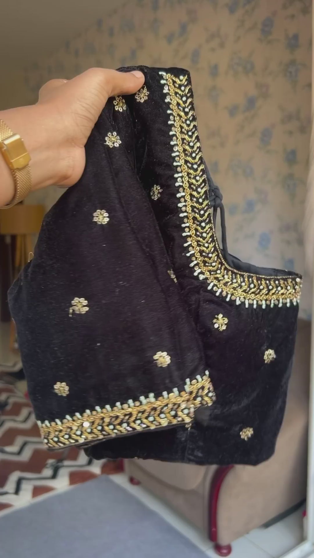 Silver tissue saree with black velvet hand worked blouse