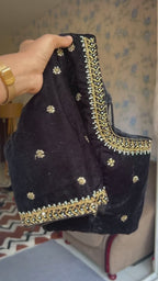 Silver tissue saree with black velvet hand worked blouse