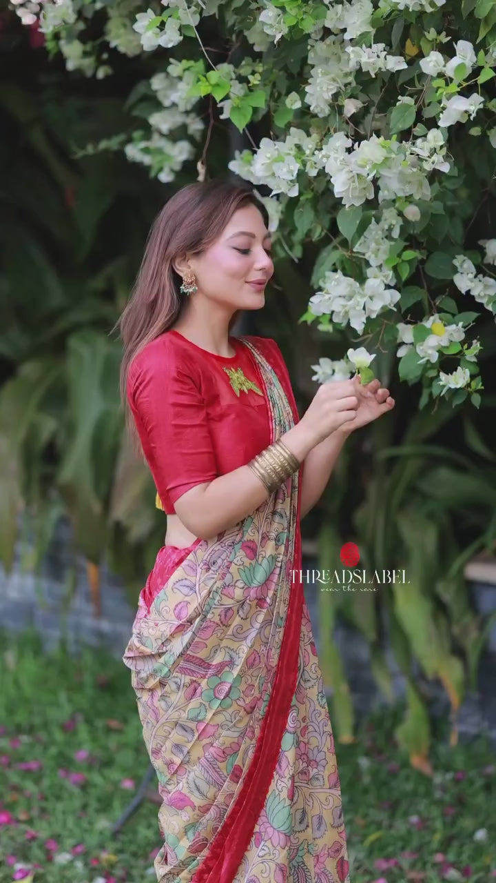 Fenu red kalamkari silk saree with embroidery blouse