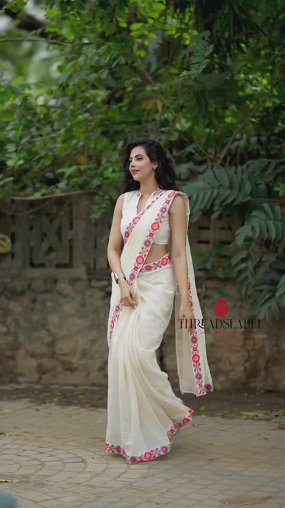 Cream cotton kota saree with embroidery work blouse