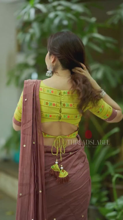 Cream red kota saree with silk hand work blouse