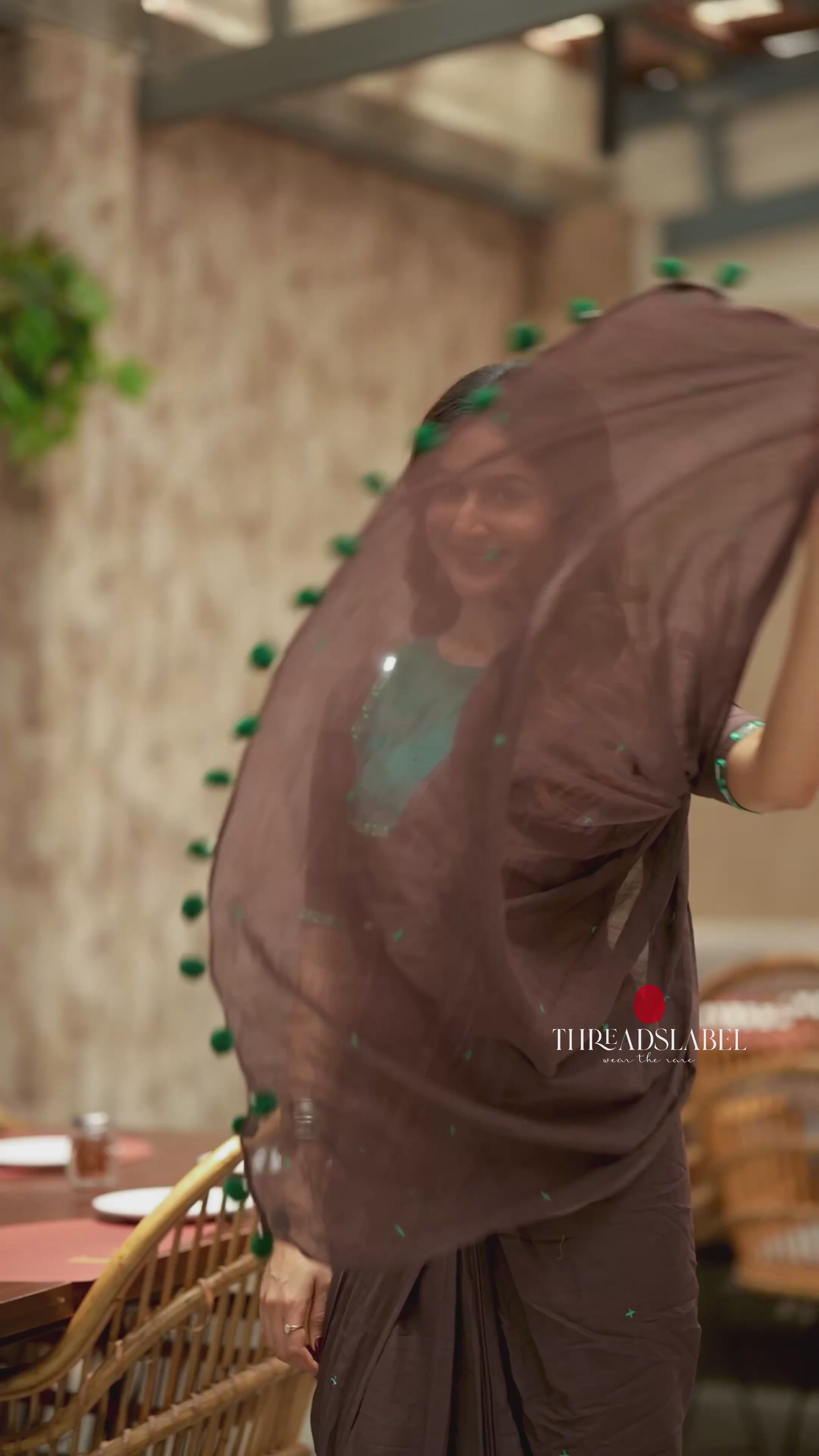 Dark brown mul chanderi with mirror blouse