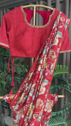 Maroon floral printed kosa silk saree with handwork blouse