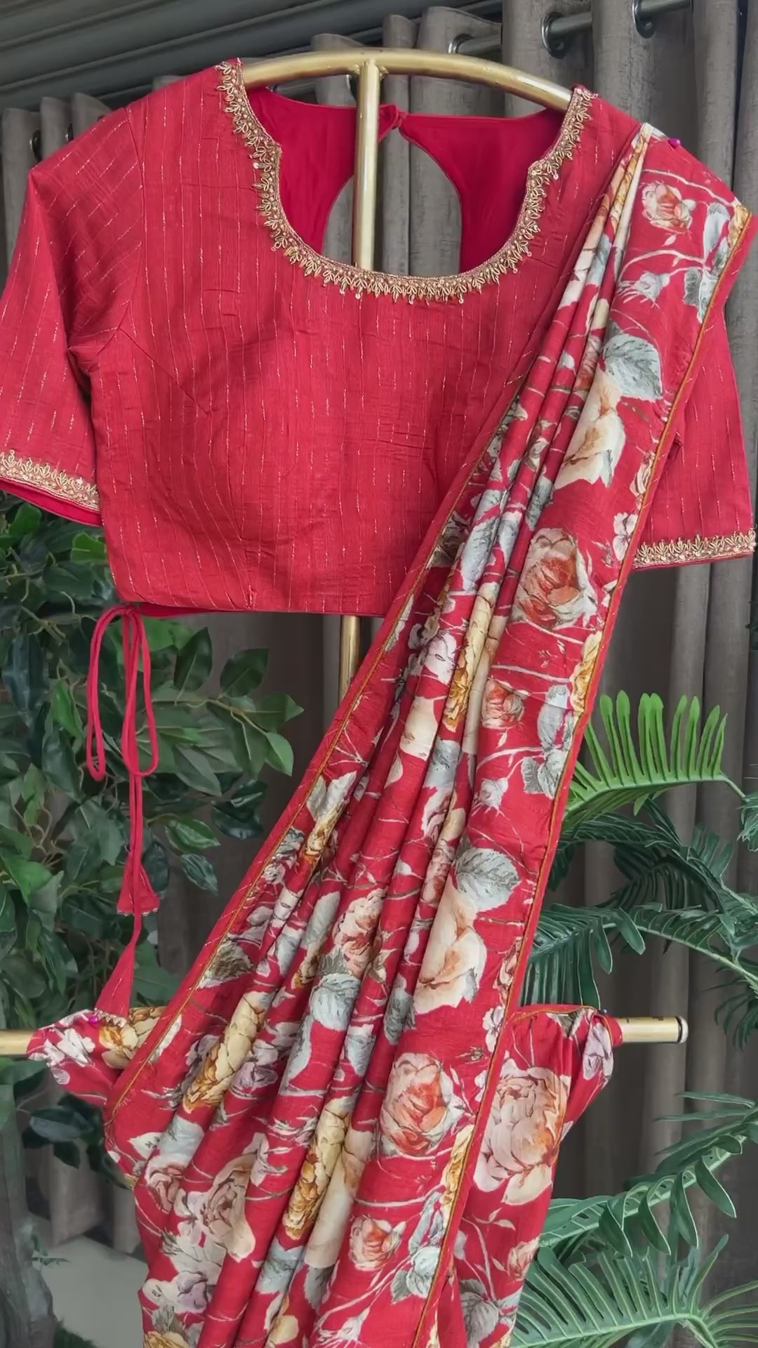 Maroon floral printed kosa silk saree with handwork blouse