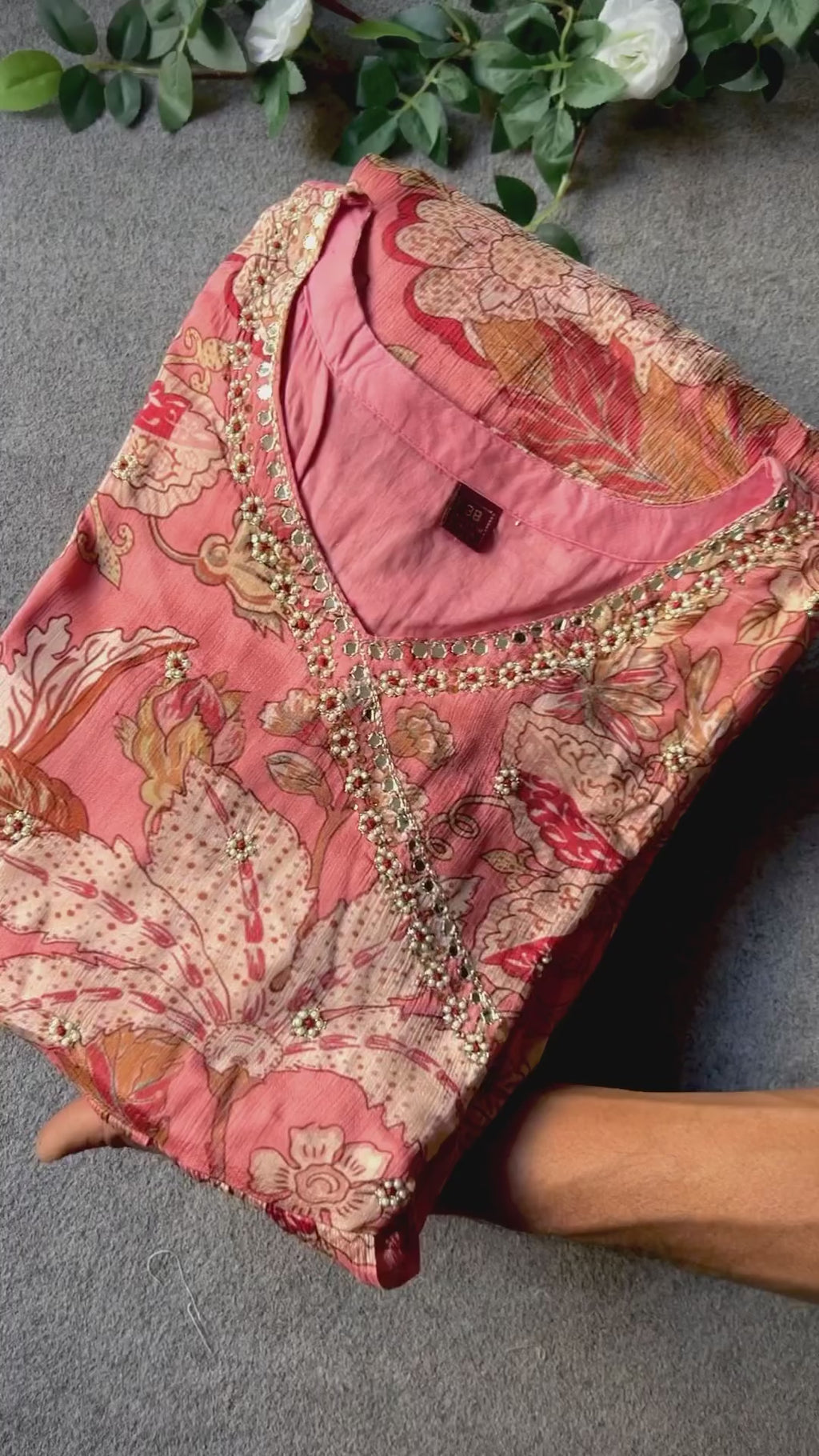 Peach Chinnon floral printed 3 piece kurti suit