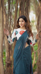 Blue mul chanderi saree with embroidery ajrak blouse
