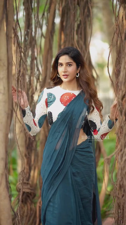 Blue mul chanderi saree with embroidery ajrak blouse