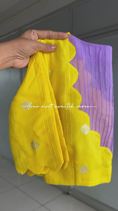 Purple kota embroidery saree with yellow blouse