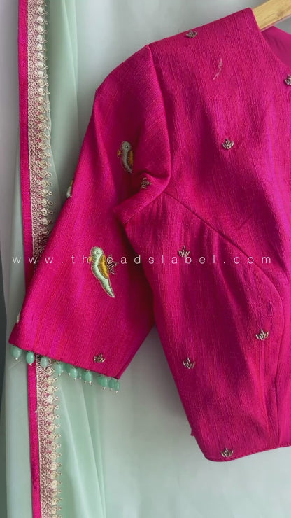 Mustard Yellow soft organza saree with pink handwork blouse