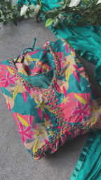 Rayon blue & pink floral printed 2 piece kurti maxi dress