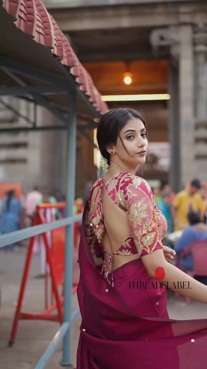 Maroon marble silk saree with embroidery blouse