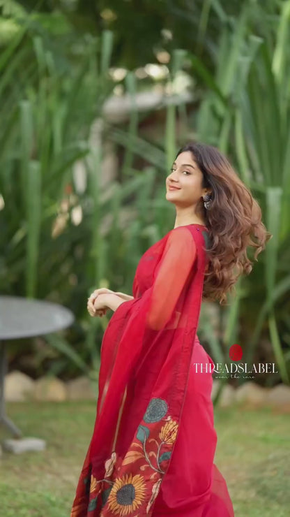 Maroon soft organza saree with kalamkari blouse