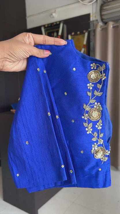Royal blue silk intricate back hand work blouse