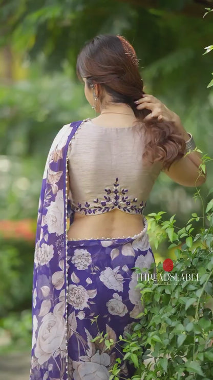 Silver soft tissue saree with blue kalamakari blouse