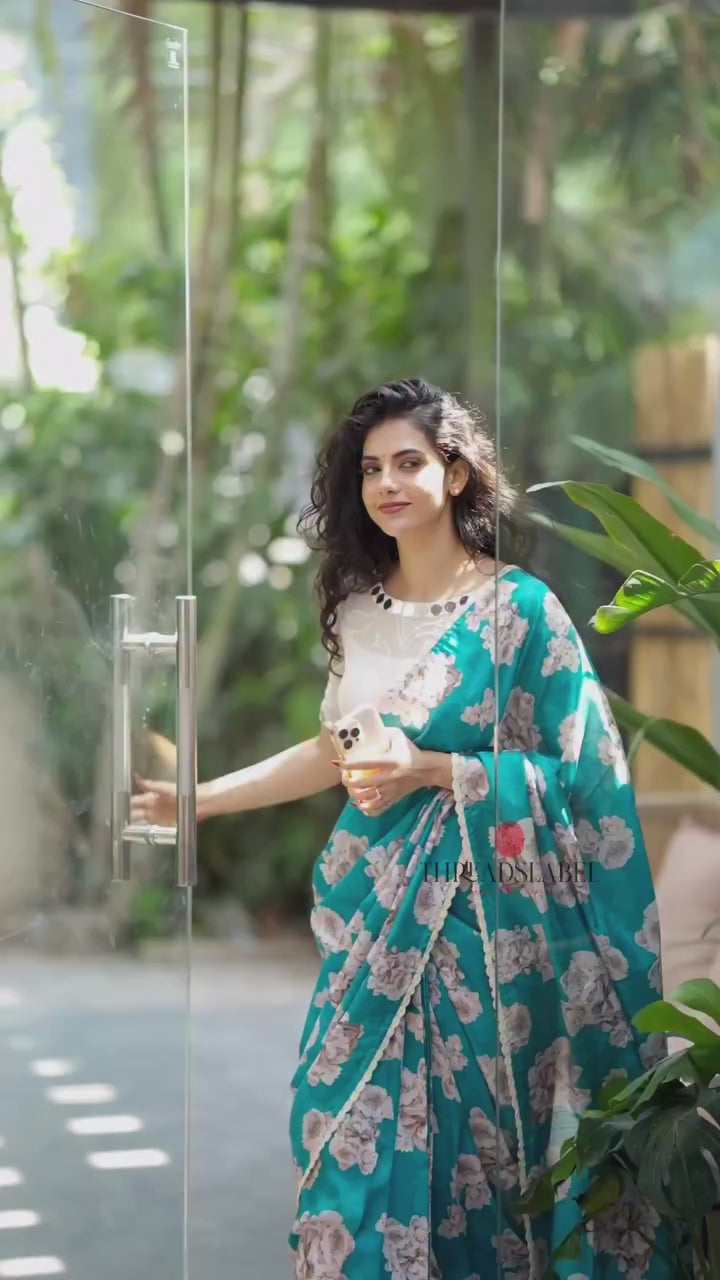 Blue floral soft silk saree with cotton mirror work blouse