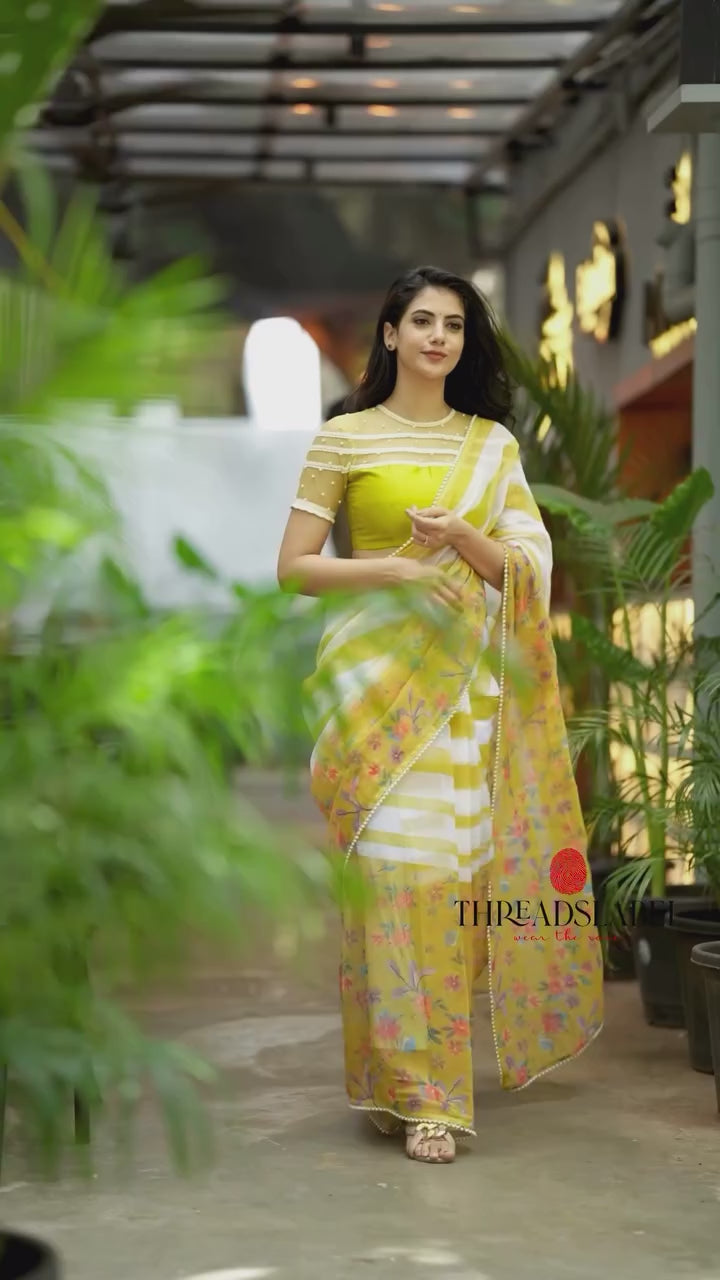 Fenugreek organza saree with hand work blouse