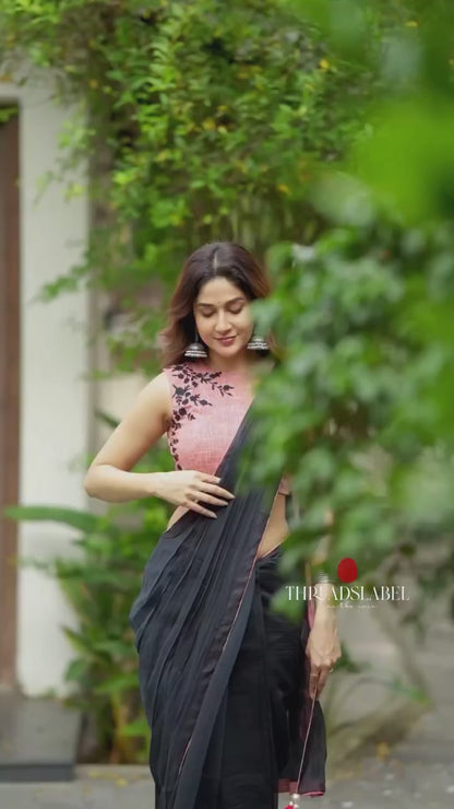 Black mul chanderi saree with pink embroidery blouse