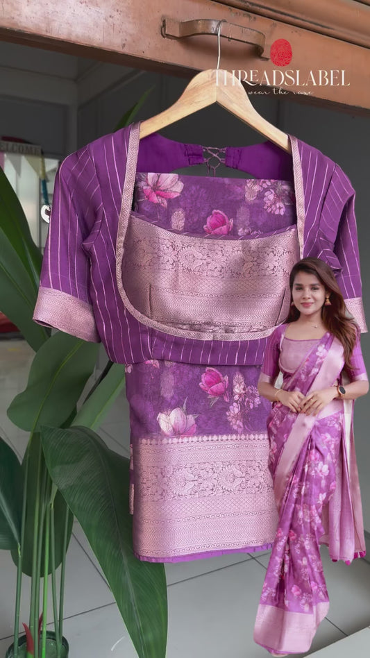 Cheryl pink georgette saree with patterned blouse