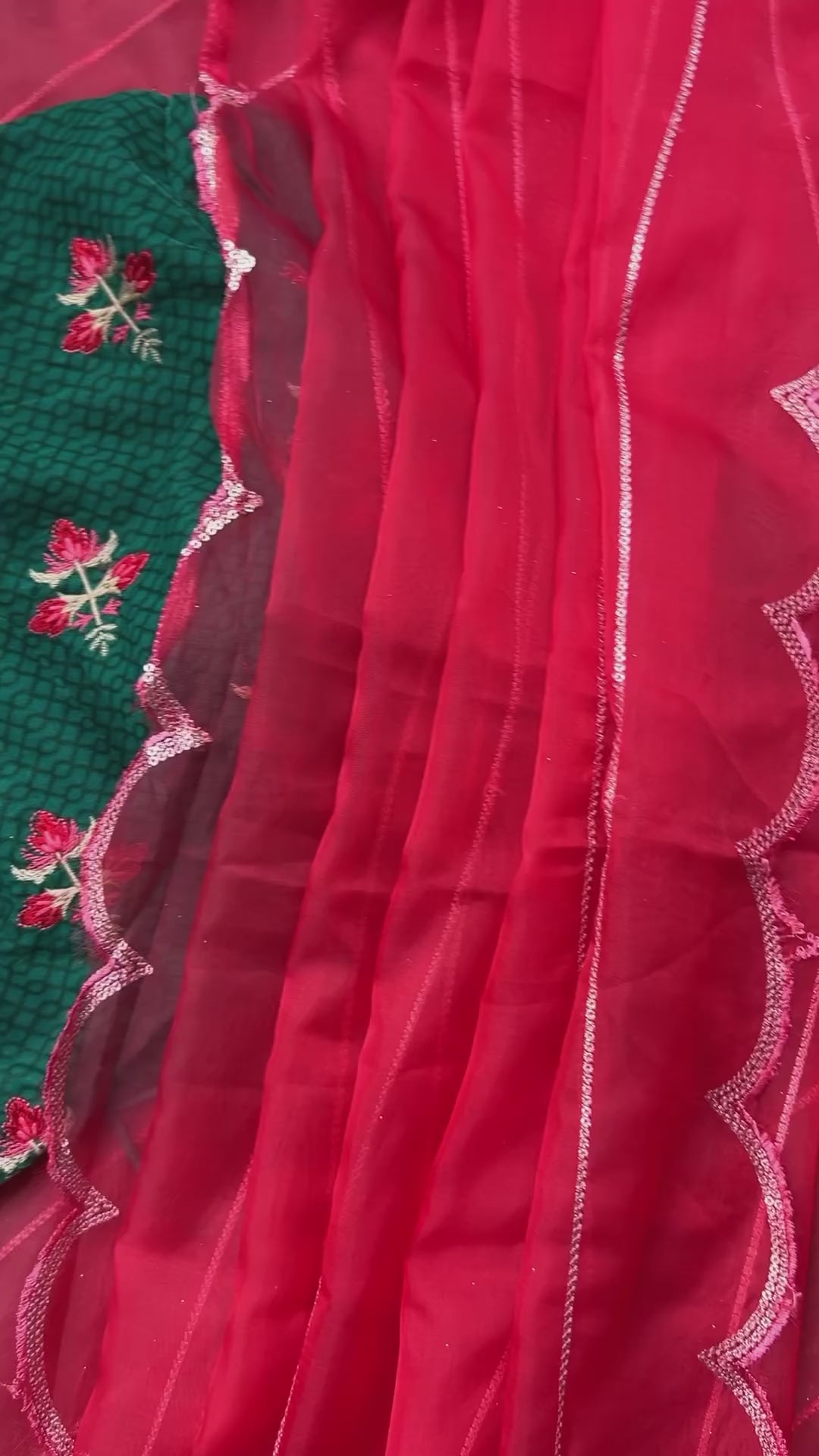 Reddish organza saree with green velvet blouse