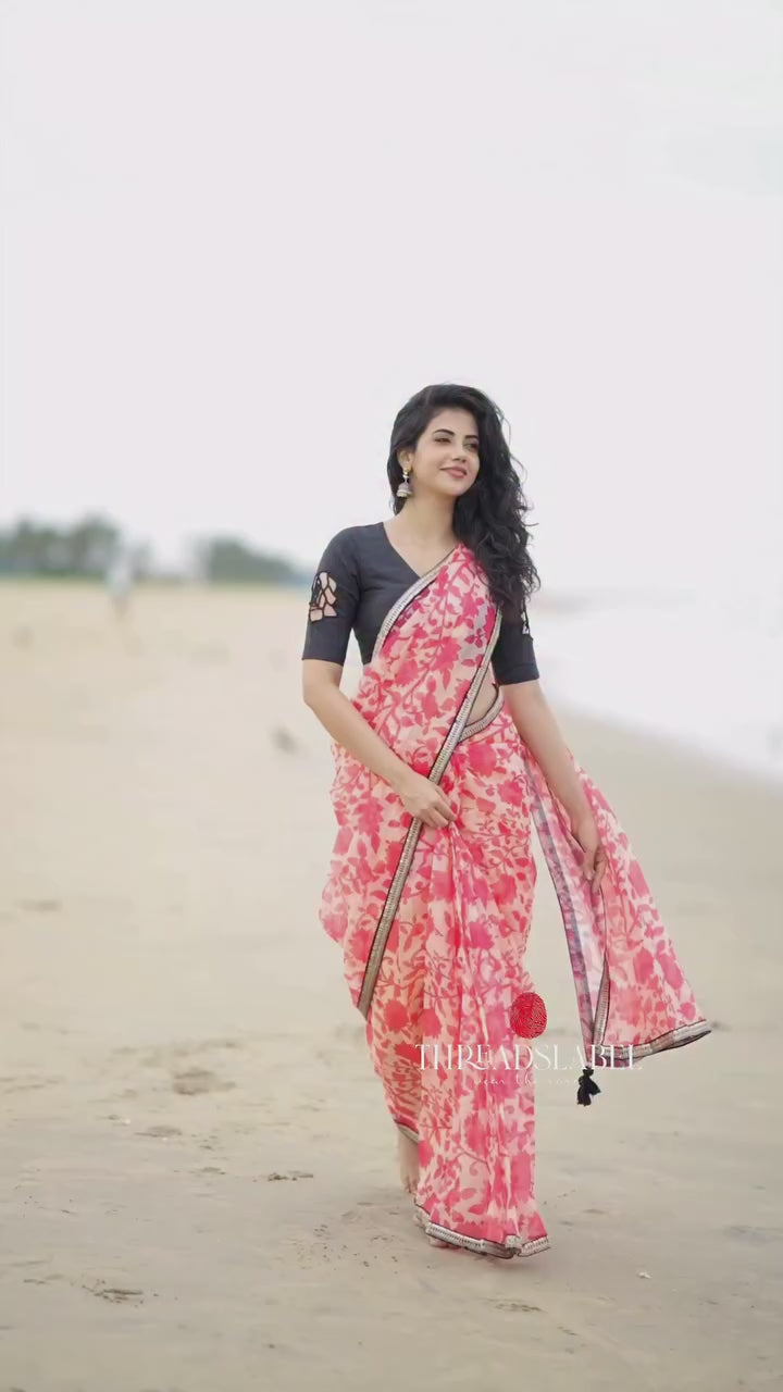 Cream red kota saree with silk hand work blouse