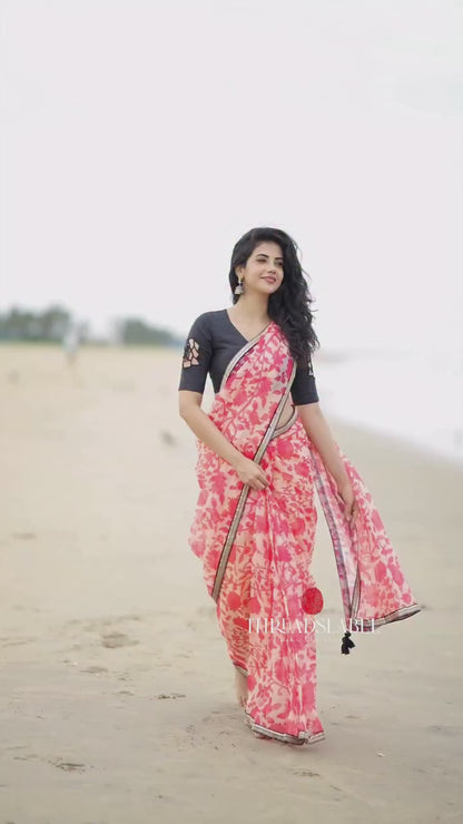 Cream red kota saree with silk hand work blouse