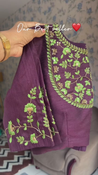 Green jute saree with brown hand worked blouse