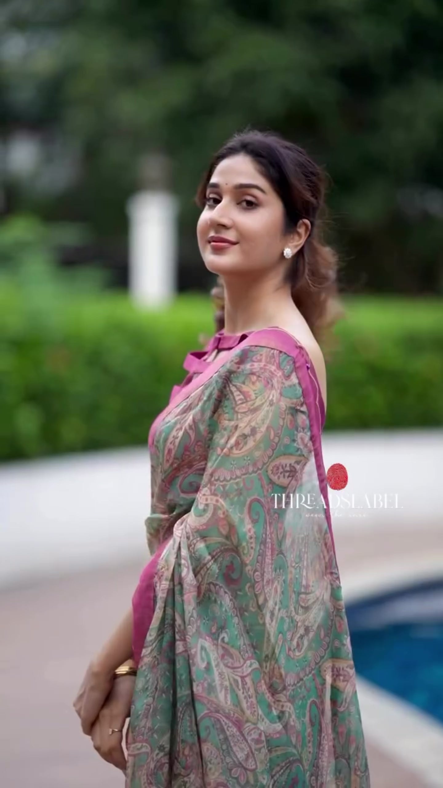 Sea green viscose jute saree with hand work blouse