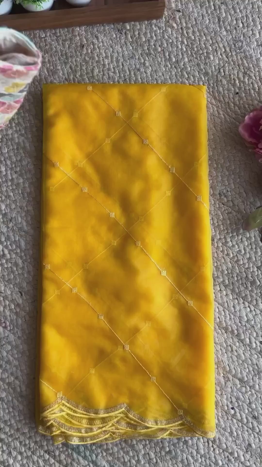 Yellow organza saree with cotton embroidery blouse