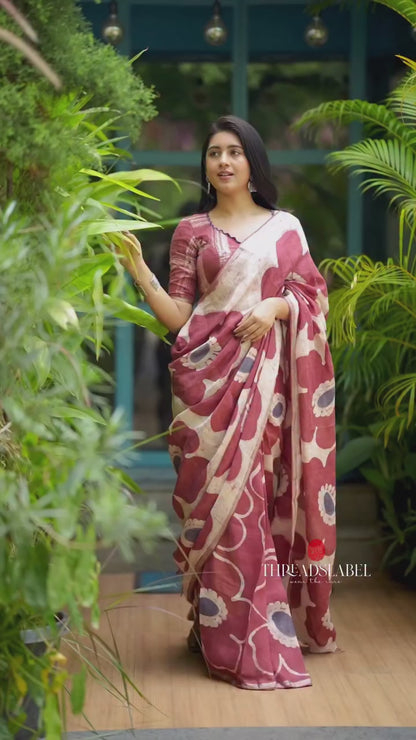 Brown linen floral saree with hand work blouse