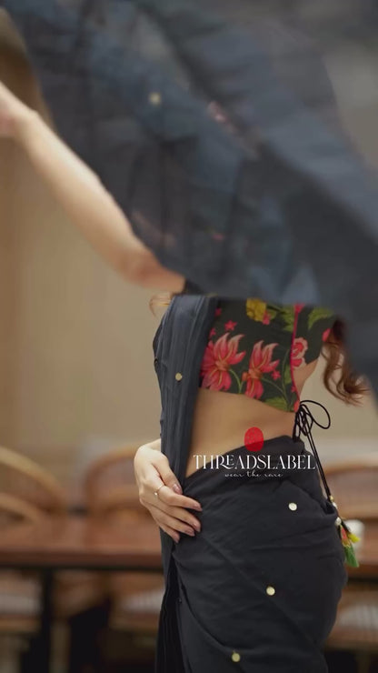 Black chanderi cotton floral print blouse (only blouse)